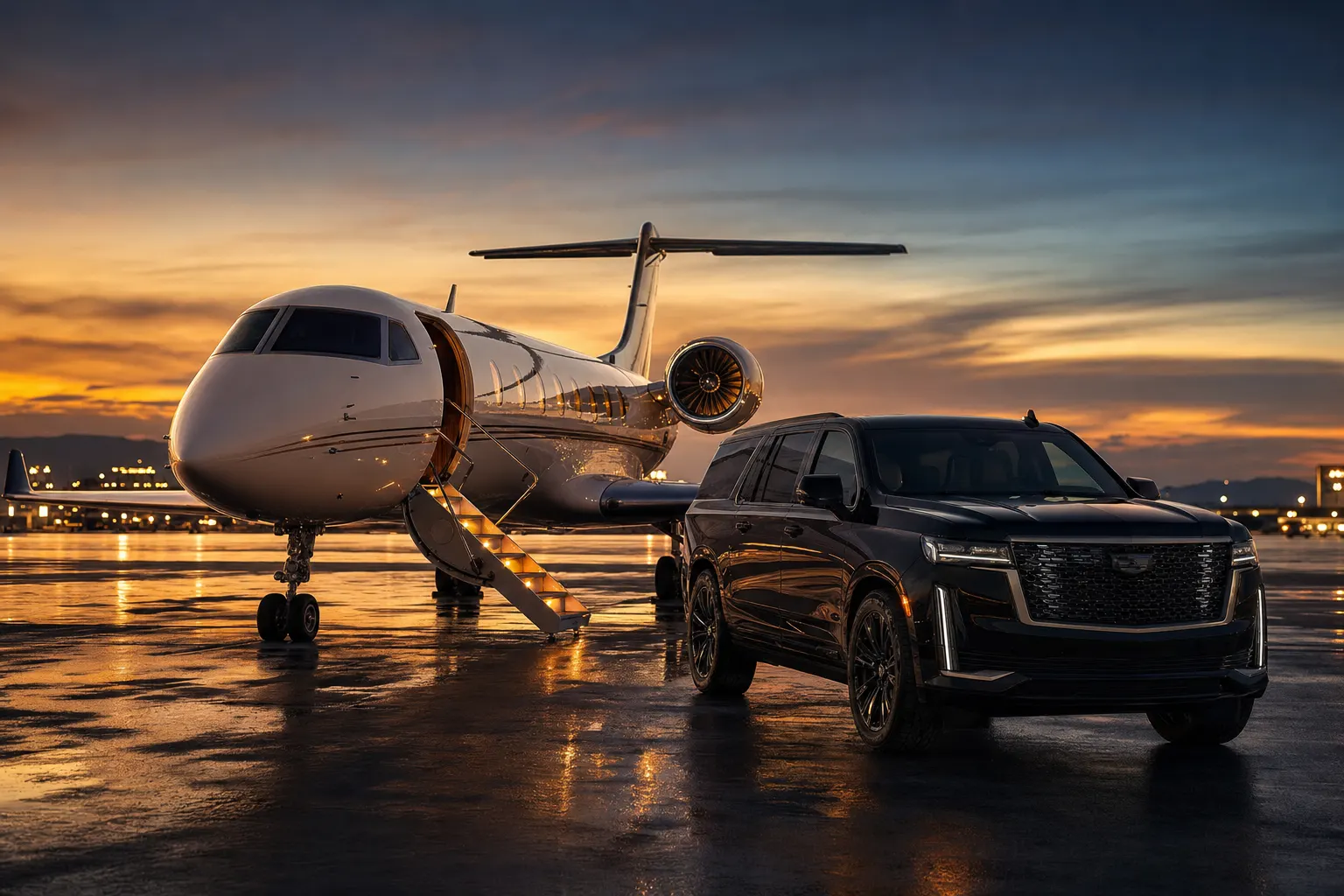 A black Cadillac Escalade ESV parked beside a private jet on the tarmac at dusk
